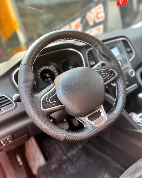 Megane 4 İcon Araca Özel Direksiyon Kılıfı (SOFT NOKTA KARBON KREM İP) - Resim 3