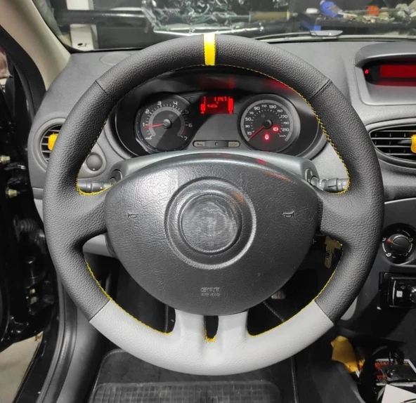Clio 3 Araca Özel Direksiyon Kılıfı (DÜZ GRİ SARI YÜZÜKLÜ) ürün görseli