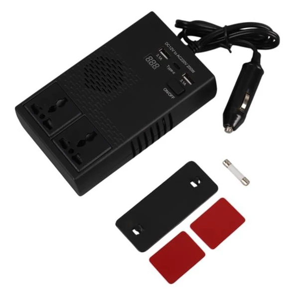 Olesson 1664 DC 12-24V 200W Oto Araç Power İnverter 1x Çakmak Girişi - 1x TYPE-C - 2x USB - 2x 220V Üniversal Priz - 4