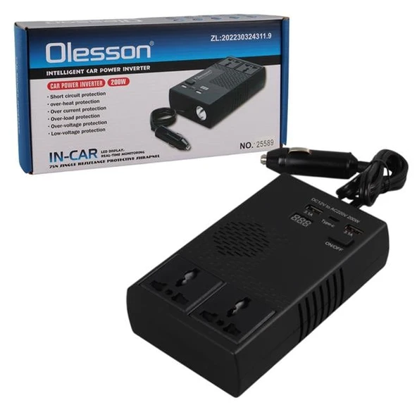 Olesson 1664 DC 12-24V 200W Oto Araç Power İnverter 1x Çakmak Girişi - 1x TYPE-C - 2x USB - 2x 220V Üniversal Priz - 5