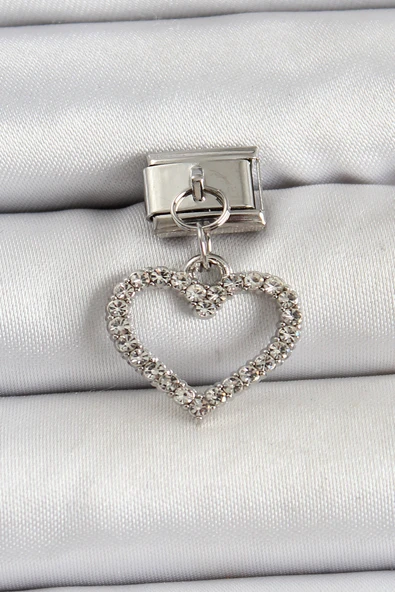 316L Çelik Sallantılı Zirkon Taşlı Kalp Model Gümüş Renk Nomination Charm - TJ-BC1483