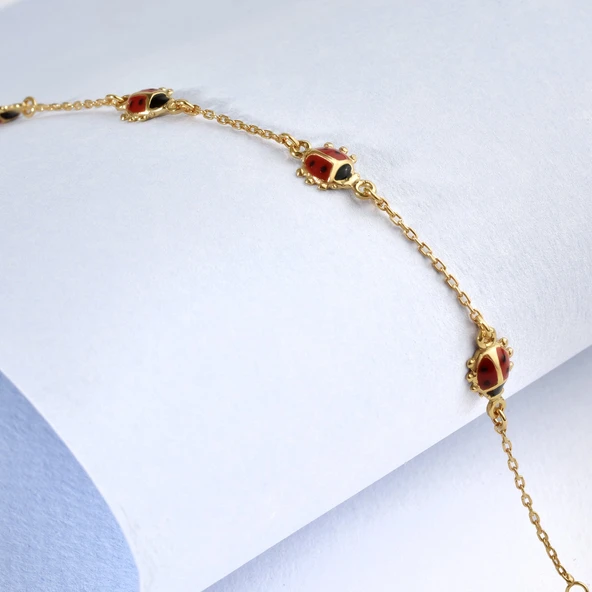 14 Ayar Altın Kaplama Minimal Mineli Uğur Böceği  Gümüş Bileklik - BE00102 - Resim 4