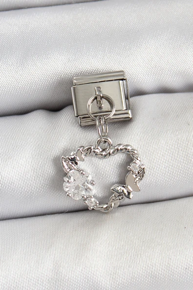 316L Çelik Sallantılı Zirkon Taşlı Kalp Model Gümüş Renk Nomination Charm - TJ-BC1455