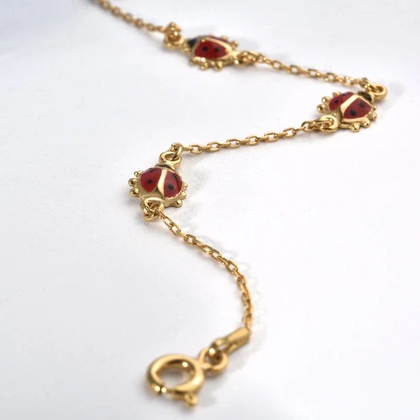 14 Ayar Altın Kaplama Minimal Mineli Uğur Böceği  Gümüş Bileklik - BE00102 - Resim 3