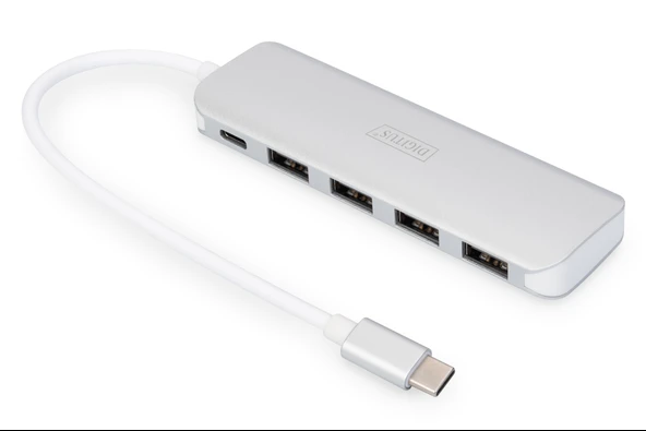Digitus 4 Port USB 3.0 Hub, 4 x USB 3.0 USB-A Dişi Konnektör (USB çevre ürünü), 1 x USB Tip C PD (Power Delivery) port, 1 x USB Tip C erkek port (bilgisayar bağlantısı için), alüminyum, Mac ve Windows - 1
