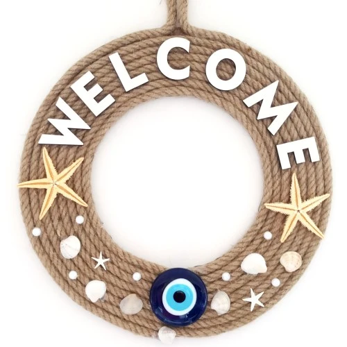Jüt İpten Deniz Yıldızlı Nazar Boncuklu İncili Deniz Yıldızlı Welcome Yazılı Kapı Süsü ürün görseli