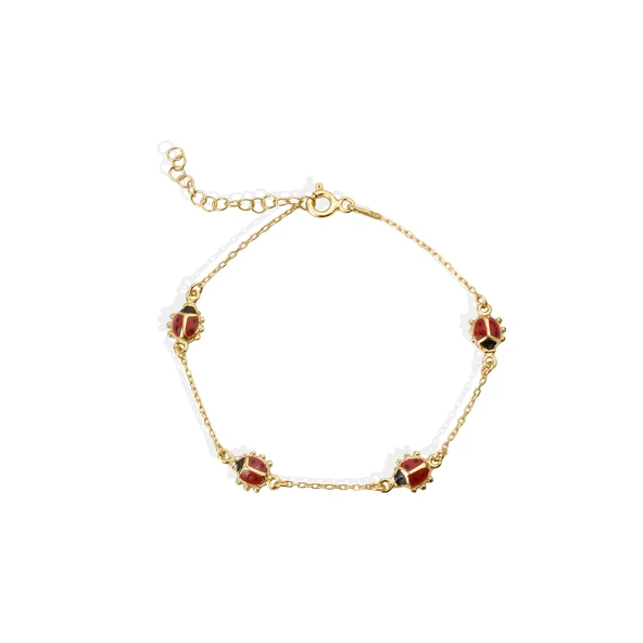 14 Ayar Altın Kaplama Minimal Mineli Uğur Böceği  Gümüş Bileklik - BE00102 - Resim 5