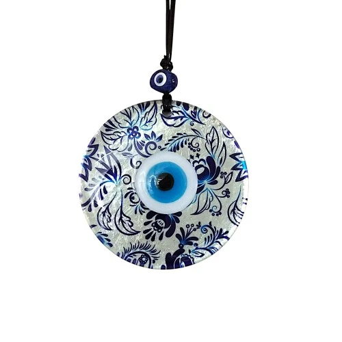 Nazar Boncuklu Yaprak Desenli Gümüş Rengi Füzyon Cam El Yapımı 12 Cm Duvar Süsü Nazarlık Hediyelik Eşya - 4