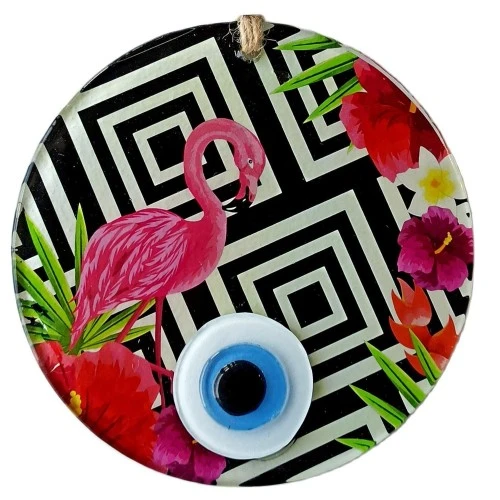 Pembe Flamingolu Çiçekli Nazar Boncuklu 15 Santimetre Çapında Duvar Süsü ürün görseli