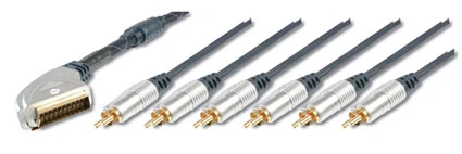 Ev Sinema Sistemleri İçin Yüksek Kaliteli Scart Kablosu, Scart Erkek <=> 4 x RCA Erkek (Ses için), 2 x RCA Erkek (Görüntü için), Ferrite Filtreli, 1.50 Metre - 1