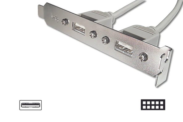 Anakarttaki USB 2.0 Portları (Internal) Slot Bracket'e (External) Taşıyan Kablo, 
2 x USB A Dişi <-> 2 x 5 pin IDC Dişi, 0.25 metre, AWG 28 ürün görseli