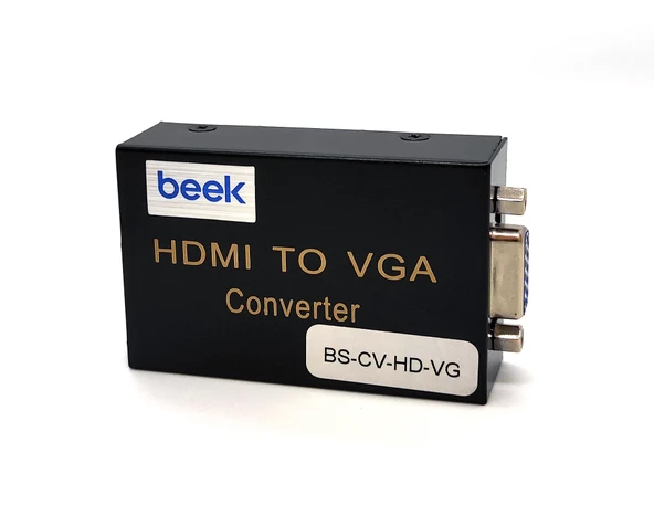 Beek HDMI Sinyalini <-> VGA Görüntü ve Ses Sinyaline Çevirici,  1 x HDMI 1.3 giriş (UXGA ve 1080I), 1 x VGA dişi / hoparlör (audio) 3.5mm yuva<br>
Beek HDMI to VGA/3.5mm Audio, HDMI 1.3 ürün görseli