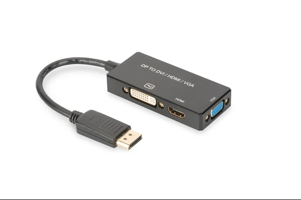 DisplayPort (DP) Çeviricisi/3 in 1 Multi-Media Kablosu<br>
Kablolu, 0.20 metre<br>
DP Erkek <-> HDMI Dişi + DVI Dişi + VGA Dişi<br>
Siyah renk, altın kaplama - 1
