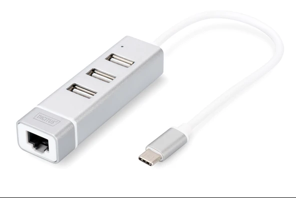 Digitus 3 port USB Tip C Hub & Fast Ethernet LAN Adaptörü, 3 x USB A/Diş (USB 2.0), 1 x RJ45 Dişi (10/100), 1 x USB Tip C (bilgisayar bağlantısı), alüminyum<br>
Digitus USB Type-C™ 3-Port Hub + ürün görseli 1