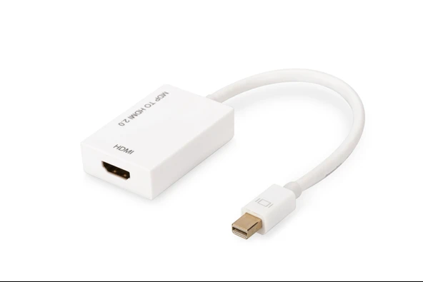 Mini DisplayPort (mini DP) <-> HDMI Adaptörü,  mini DP Erkek <-> HDMI Tip A Dişi, 0.20 metre, HDMI 2.0, aktif, CE, altın kaplama, beyaz renk<br>
DisplayPort Adapter Cable, mini DP -