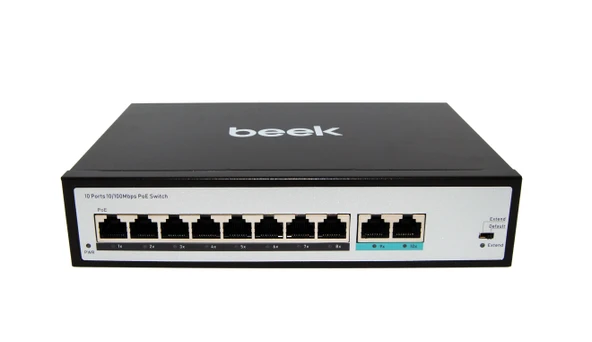 Beek Yönetilemeyen PoE+ Switch<br>
8 x 10/100Mbps IEEE802.3af/at PoE+ port (Port başına 30.8 watt) (PoE Güç Bütçesi maks. 120 Watt)<br>
2 x 10/100BASE-T port<br>
4KV ESD<br>
Be - 1
