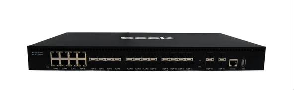 Beek L3 Yönetilebilir Switch<br>
24 x 1000 Base-X SFP yuva<br>
8 x 10/100/1000BASE-T port (combo)<br>
4 x 1G/10G Base-X SFP+ yuva<br>
1 x Konsol port<br>
1 x USB port< - 1