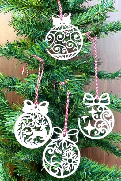 10 Parça Kırmızı Beyaz İpli Fiyonk Model Ahşap Yılbaşı Ağaç Süsü - Resim 6