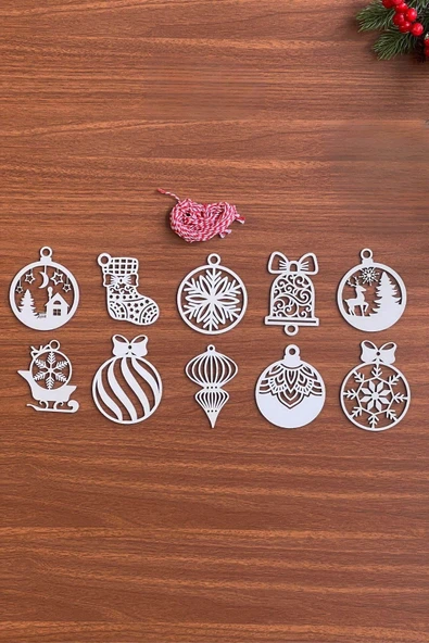 10 Parça Kırmızı Beyaz İpli Karışık Model Ahşap Yılbaşı Ağaç Süsü - Resim 6