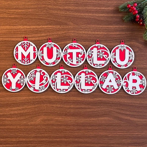11 Harfli Kırmızı Beyaz İpli MUTLU YILLAR Yazılı Ahşap Yılbaşı Ağaç Süsü ürün görseli