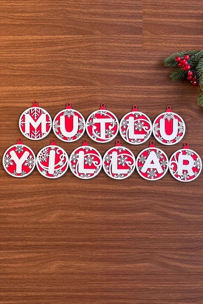 11 Harfli Kırmızı Beyaz İpli MUTLU YILLAR Yazılı Ahşap Yılbaşı Ağaç Süsü - Resim 4
