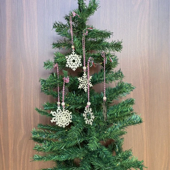 Pilli Peri Ledli 6 Parça Kırmızı Beyaz İpli Kar Tanesi Model Ahşap Yılbaşı Ağaç Süsü ürün görseli