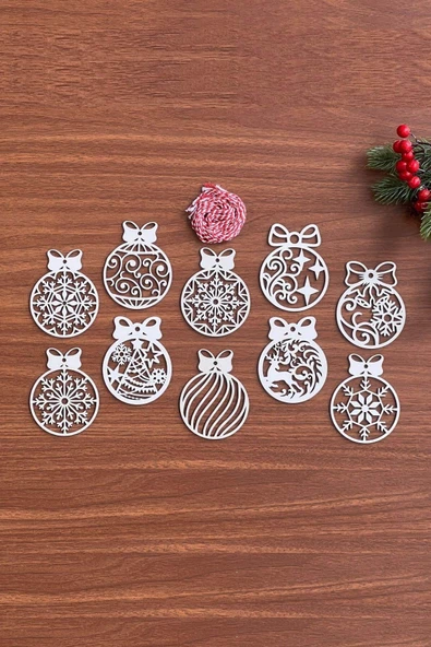 10 Parça Kırmızı Beyaz İpli Fiyonk Model Ahşap Yılbaşı Ağaç Süsü - Resim 5