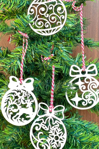 10 Parça Kırmızı Beyaz İpli Fiyonk Model Ahşap Yılbaşı Ağaç Süsü - Resim 7