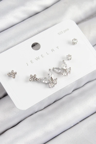 Pirinç Zirkon Taşlı Kelebek Model Gümüş Renk 925 Ayar Gümüş Çivi Kadın Küpe Set - EBJ250816W37379 ürün görseli