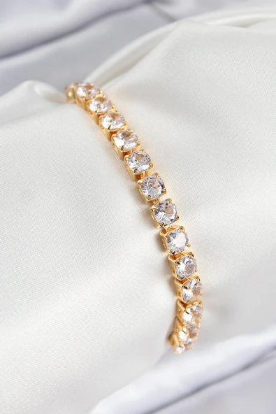 Pirinç Zirkon Taşlı Kare Model Gold Renk Asansörlü Kadın Bileklik - EBJ250816W37539 ürün görseli