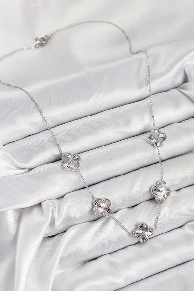 Pirinç VIP Yonca Model Gümüş Renk Kadın Kolye - EBJ250816W37495 - Resim 2