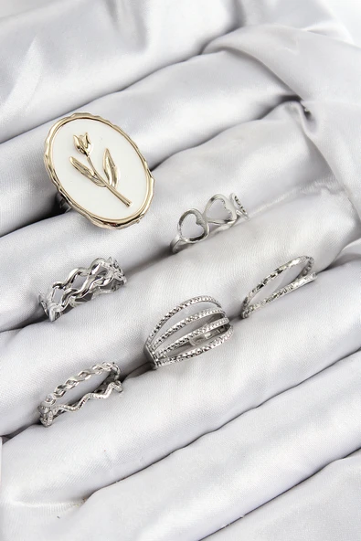 Pirinç Zirkon Taşlı Lale Model Gümüş Renk Kadın Yüzük Kombin Set - EBJ250816W37421 ürün görseli