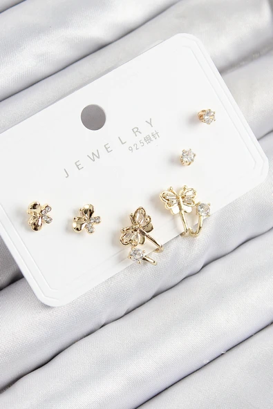 Pirinç Zirkon Taşlı Kelebek Model Gold Renk 925 Ayar Gümüş Çivi Kadın Küpe Set - EBJ250816W37378 ürün görseli