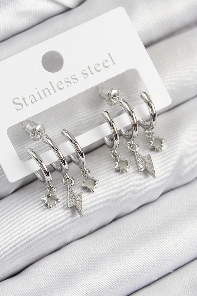 Pirinç Zirkon Taşlı Şimşek Model Gümüş Renk Kadın Küpe - EBJ250816W37191 ürün görseli