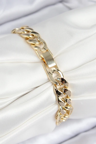 VIP Pirinç Zirkon Taşlı Parçalı Zincir Model Gold Renk Kadın Bileklik - EBJ250816W37513 - Resim 2