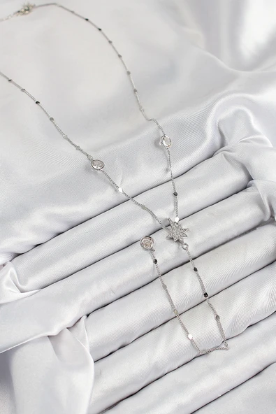 Pirinç Zirkon Taşlı Kutup Yıldızı Model Gümüş Renk Y Kolye - EBJ250816W37243 - Resim 2