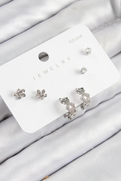 Pirinç Zirkon Taşlı Halka Model Gümüş Renk 925 Ayar Gümüş Çivi Kadın Küpe Set - EBJ250816W37399 ürün görseli