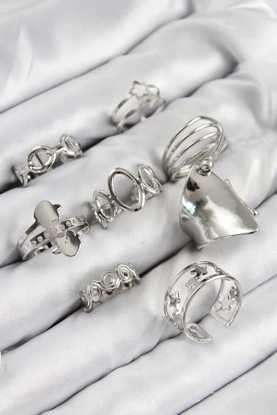 Pirinç Sarmal Ve Yıldız Model Gümüş Renk Kadın Yüzük Kombin Set - EBJ250816W37409 ürün görseli