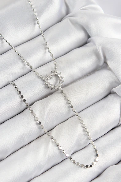 Pirinç Zirkon Taşlı Ezme Zincirli Kalp Model Gümüş Renk Y Kolye - EBJ250816W37250 ürün görseli