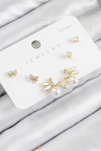 Pirinç Zirkon Taşlı İnci Melek Model Gold Renk 925 Ayar Gümüş Çivi Kadın Küpe Set - EBJ250816W37402 ürün görseli