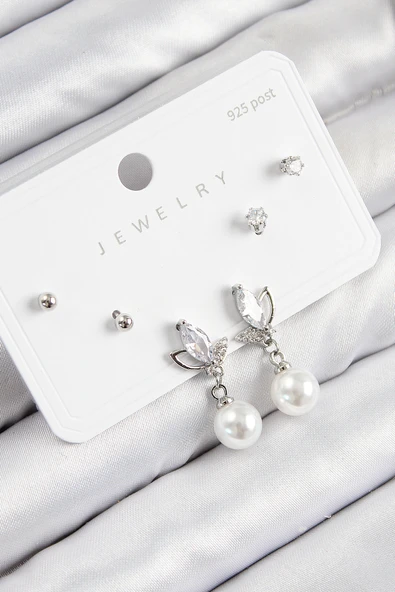 Pirinç Zirkon Taşlı İnci Sallantılı Damla Model Gümüş Renk 925 Ayar Gümüş Çivi Kadın Küpe Set - EBJ250816W37397 ürün görseli