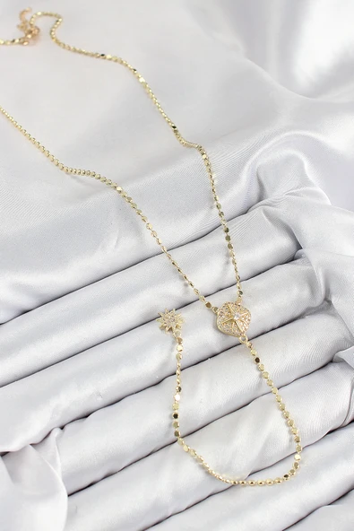 Pirinç Zirkon Taşlı Ezme Zincirli Madalyon Model Gold Renk Y Kolye - EBJ250816W37261 - Resim 2