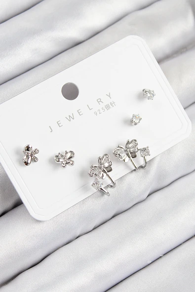 Pirinç Zirkon Taşlı Kelebek Model Gümüş Renk 925 Ayar Gümüş Çivi Kadın Küpe Set - EBJ250816W37377 ürün görseli 1