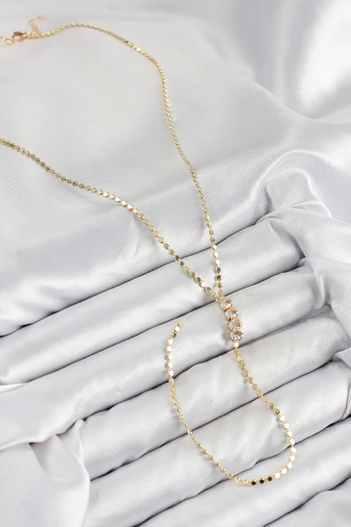 Pirinç Zirkon Taşlı Ezme Zincirli Model Gold Renk Y Kolye - EBJ250816W37255 - Resim 2