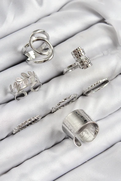 Pirinç Yaprak Model Gümüş Renk Kadın Yüzük Kombin Set - EBJ250816W37415 ürün görseli