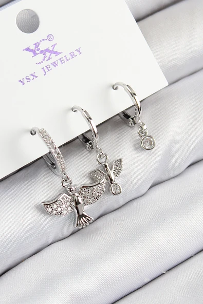 Pirinç Zirkon Taşlı 3'lü Kuş Model Gümüş Renk Kadın Küpe - EBJ250816W37346 ürün görseli