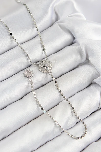 Pirinç Zirkon Taşlı Ezme Zincirli Madalyon Model Gümüş Renk Y Kolye - EBJ250816W37260 ürün görseli