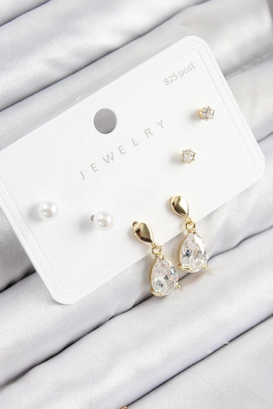 Pirinç Zirkon Taşlı Sallantılı Damla Model Gold Renk 925 Ayar Gümüş Çivi Kadın Küpe Set - EBJ250816W37386 ürün görseli