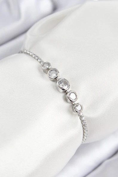 Pirinç Zirkon Taşlı Sıralı Daire Model Gümüş Renk Asansörlü Kadın Bileklik - EBJ250816W37425 ürün görseli