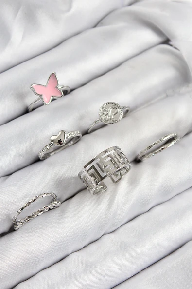 Pirinç Kelebek Ve Kalp Model Gümüş Renk Kadın Yüzük Kombin Set - EBJ250816W37413 ürün görseli